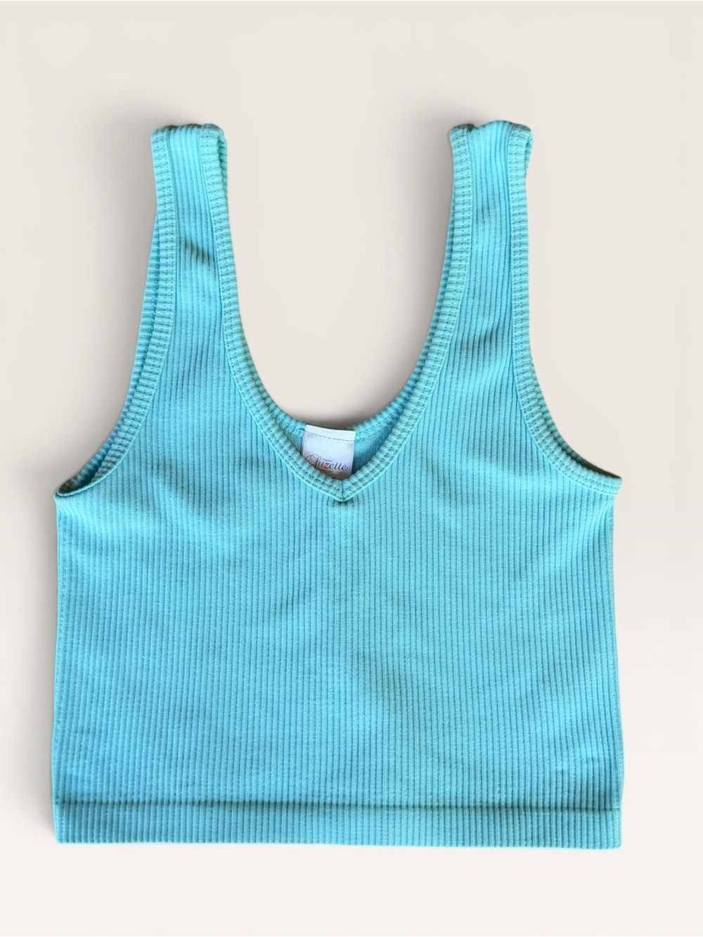 Ribbed Suzette V-Neck Crop Tank Top - Aqua